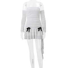 Long sleeve off shoulder ruched bowknot backless ruffle mini dress-final-sale