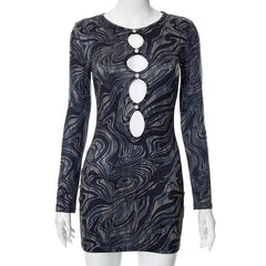 Button hollow out long sleeve round neck ripple contrast cut out mini dress-final-sale