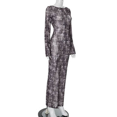 Long sleeve cross print sheer mesh backless maxi dress