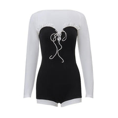 Long sleeve lace up shrug ribbed contrast 2 piece romper-final-sale