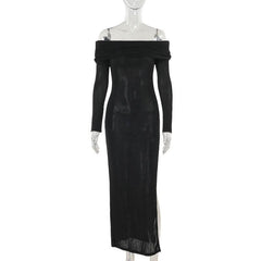 Off shoulder long sleeve high slit o ring maxi dress