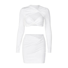 Knotted hollow out solid ruched long sleeve mini skirt set-final-sale