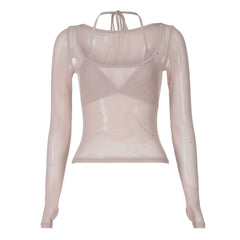 Halter v neck long sleeve mesh 2 piece top