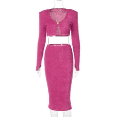 Textured button long sleeve gloves midi skirt set-final-sale