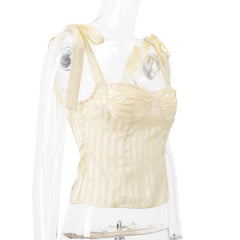 Striped smocked bowknot ribbon cami top
