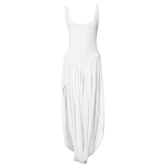 U neck ruched high slit backless cami maxi dress-final-sale