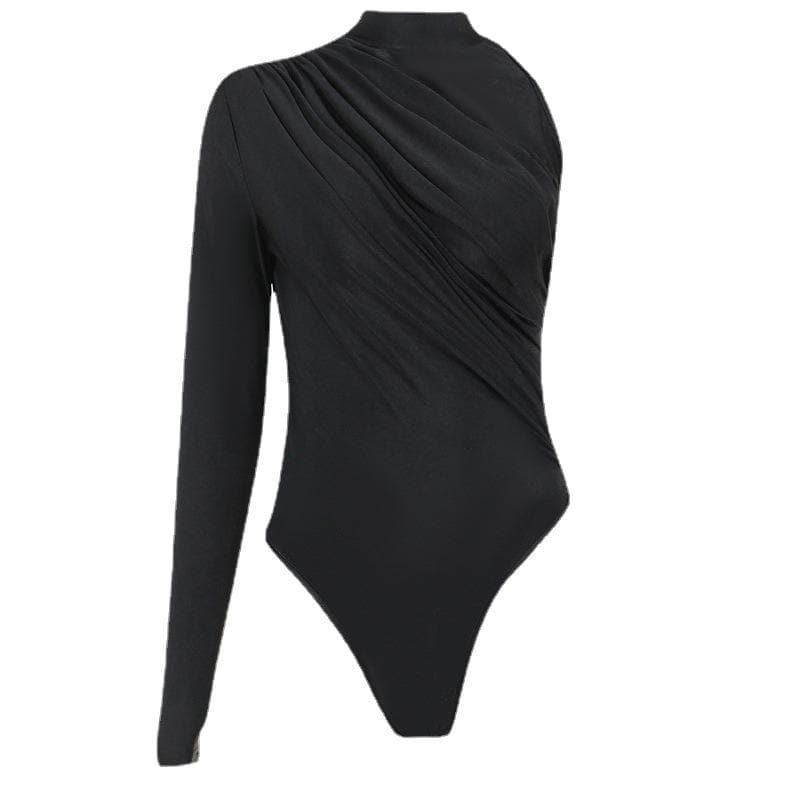 One shoulder ruched irregular high neck solid bodysuit