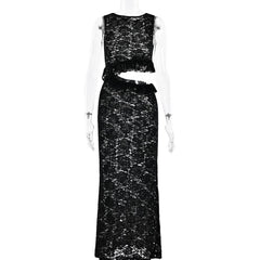 Crewneck hollow out lace ruched see through cut out maxi dress