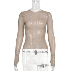 Long sleeve sheer mesh beaded crewneck top