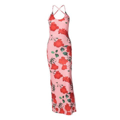 Flower print u neck cross back backless cami midi dress-final-sale