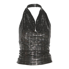 Textured cowl neck halter backless crop top