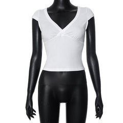 Cap sleeve v neck ruched solid top