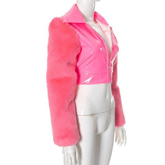 Zip-up long sleeve fluffy turnover collar crop top