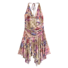 Halter self tie ruched print mesh v neck mini dress