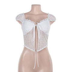 Ruffle v neck lace cap sleeve self tie crop top