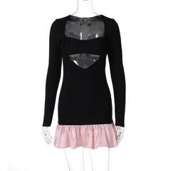 Long sleeve ribbed hollow out cut out mini dress