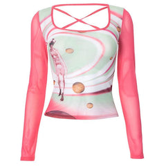 Square neck long sleeve cross back self tie print top