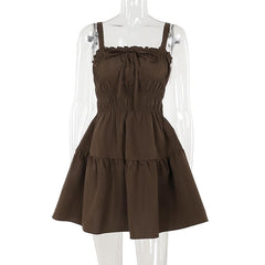 Smocked ruched bowknot ruffle cami mini dress