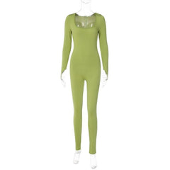 Long sleeve solid u neck slit jumpsuit- Final Sale-final-sale