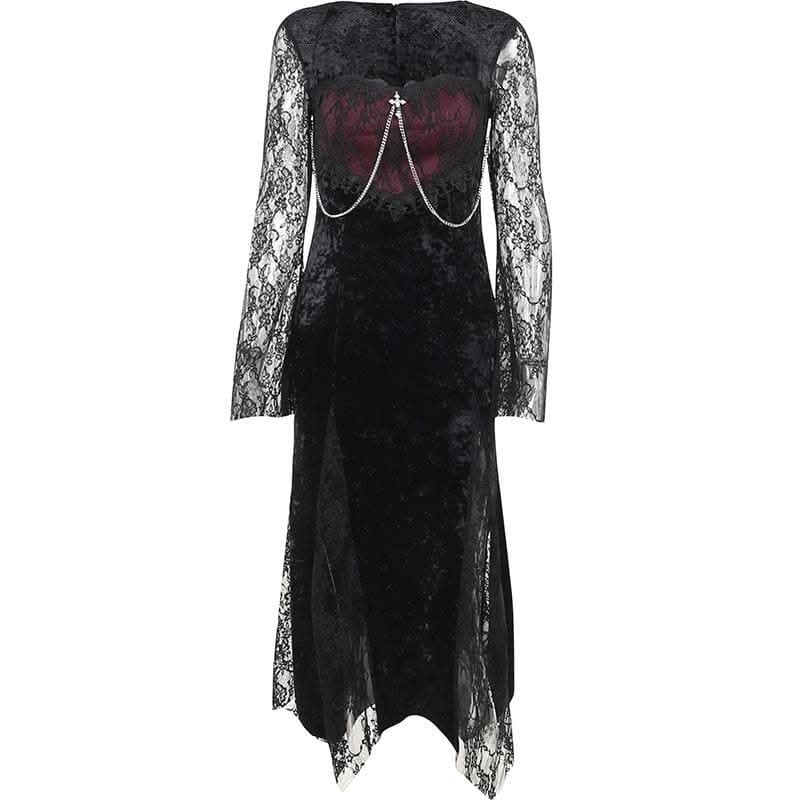 Lace contrast long flared sleeve metal chain zip-up velvet midi dress-final-sale
