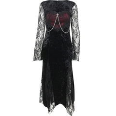 Lace contrast long flared sleeve metal chain zip-up velvet midi dress-final-sale