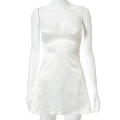 Lace hem satin ruched hollow out backless cami cut out mini dress-final-sale