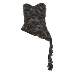 Irregular ruffled sweetheart neck camouflage backless tube top