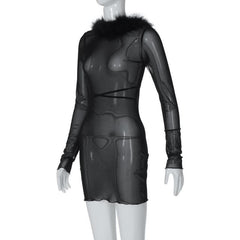 Long sleeve sheer mesh feather ruffle backless mini dress-final-sale