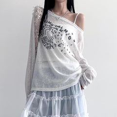 Long sleeve off shoulder letter print top