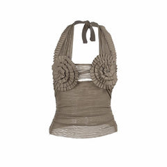 Halter pleated hollow out ruched mesh backless cut out top