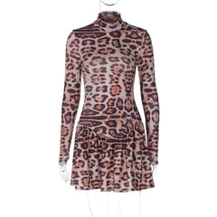 Leopard print long sleeve high neck mini dress