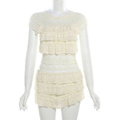 Crewneck ruffle lace ruched cap sleeve pant set