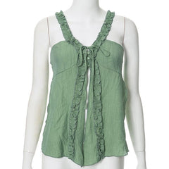 V neck ruffle bowknot slit cami top