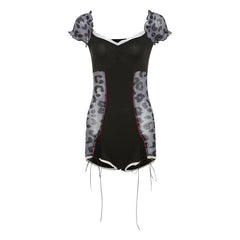 Short puff sleeve leopard print lace hem romper