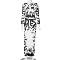 Abstract long sleeve contrast backless self tie maxi skirt set-final-sale