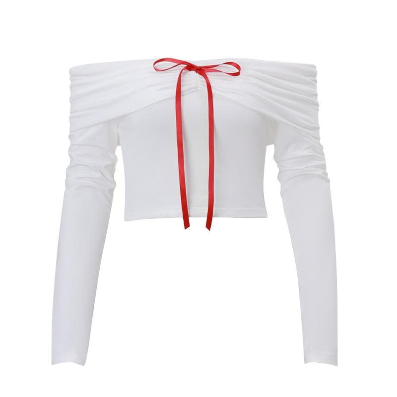 Long sleeve off shoulder bowknot ribbon top