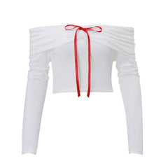 Long sleeve off shoulder bowknot ribbon top
