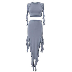 Sleeveless ruffle irregular solid maxi skirt set-final-sale