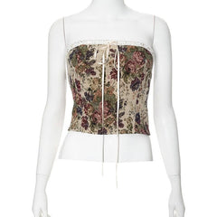 Lace hem bowknot ribbon textured lace up tube top