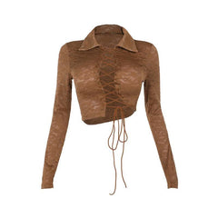 Turnover collar long sleeve lace up lace crop top