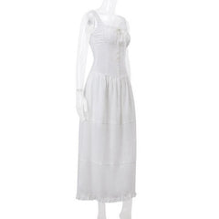 Ruched button square neck sleeveless smocked ruffle midi dress-final-sale