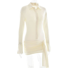 Turnover collar long sleeve button ruched mini dress