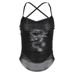 Cross back cowl neck print sheer mesh top
