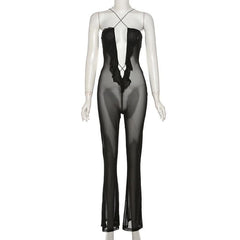 Sheer mesh solid ruffle see through cross front jumpsuit-final-sale