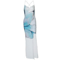 Print cowl neck slit cross back cami maxi dress