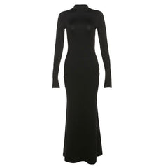 Backless high neck long sleeve solid maxi dress-final-sale