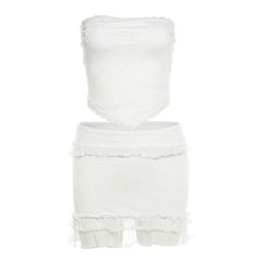 Lace hem backless ruffle tube mini skirt set