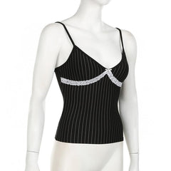 Bowknot lace hem striped v neck cami top