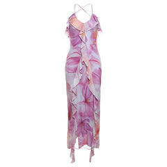 U neck print ruffle high slit cami midi dress