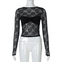 Long sleeve lace see through crewneck ruched top